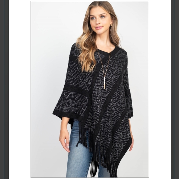 New! Ladies Black & Silver Metallic Poncho - Picture 2 of 9